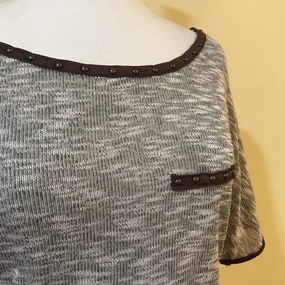Studded Trim Tie Front Soft Marled Knit Tee - Picture 2 of 4
